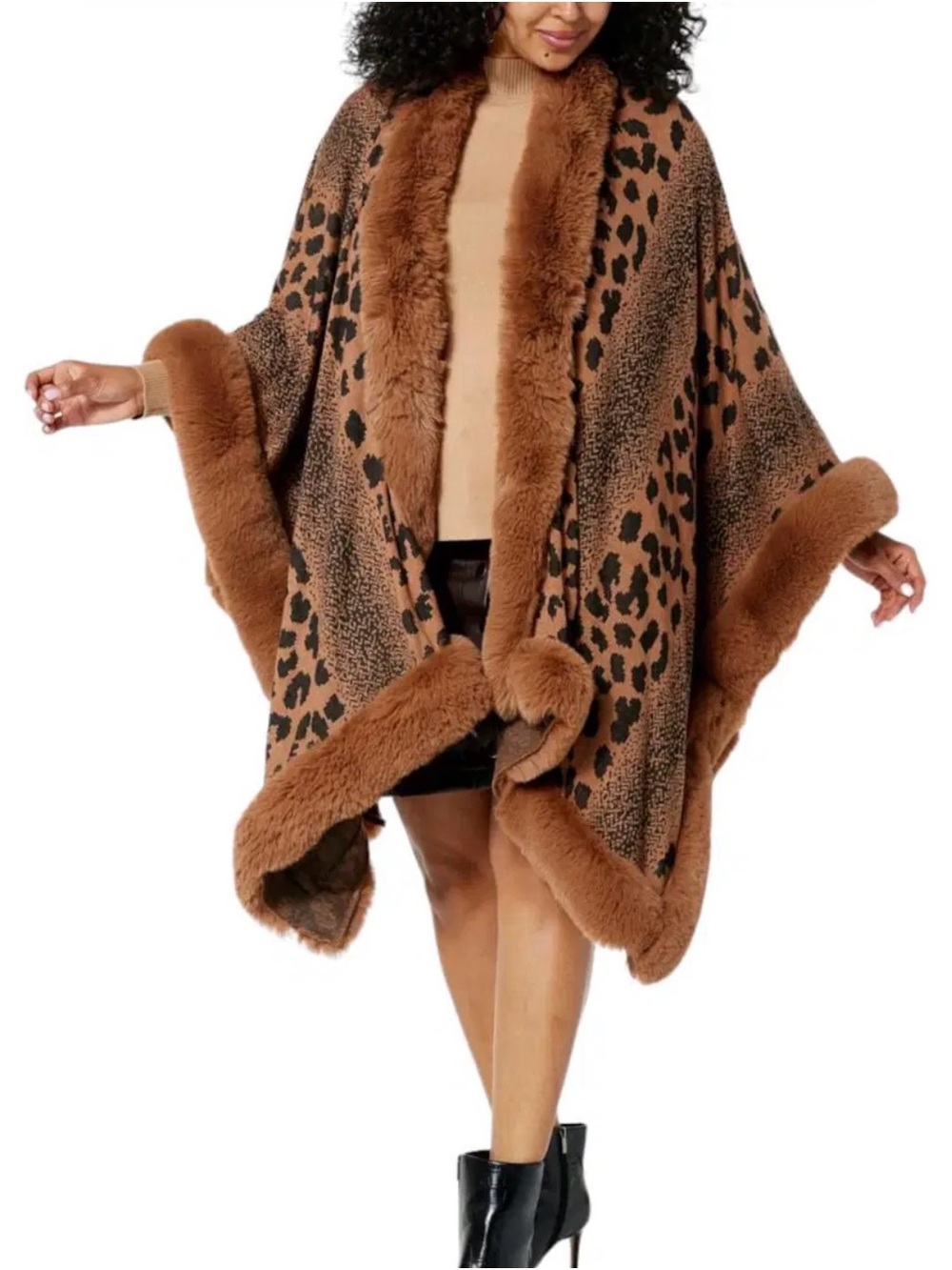 Kathy Ireland Leopard Print Faux-Fur Trim cape NWT